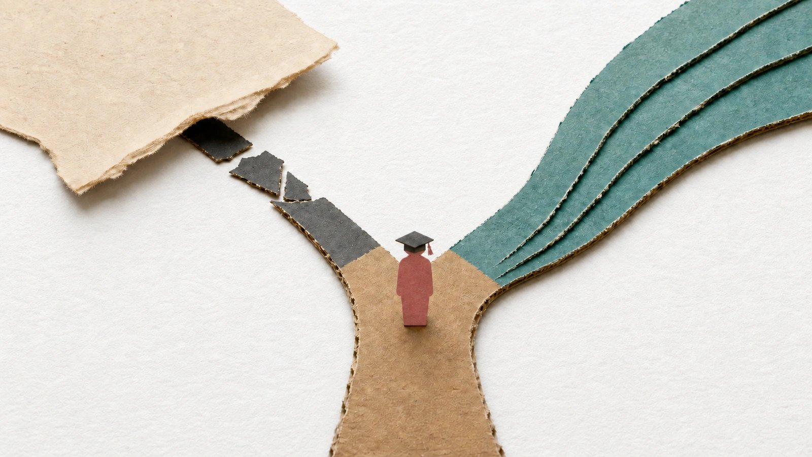 A cardboard-craft still life on white paper: a small paper graduate in a mortarboard stands where a cardboard path forks. To the left, the path turns dark grey and breaks into scattered fragments that disappear under a torn sheet of cream paper. To the right, three continuous teal lanes widen and sweep away into the distance.