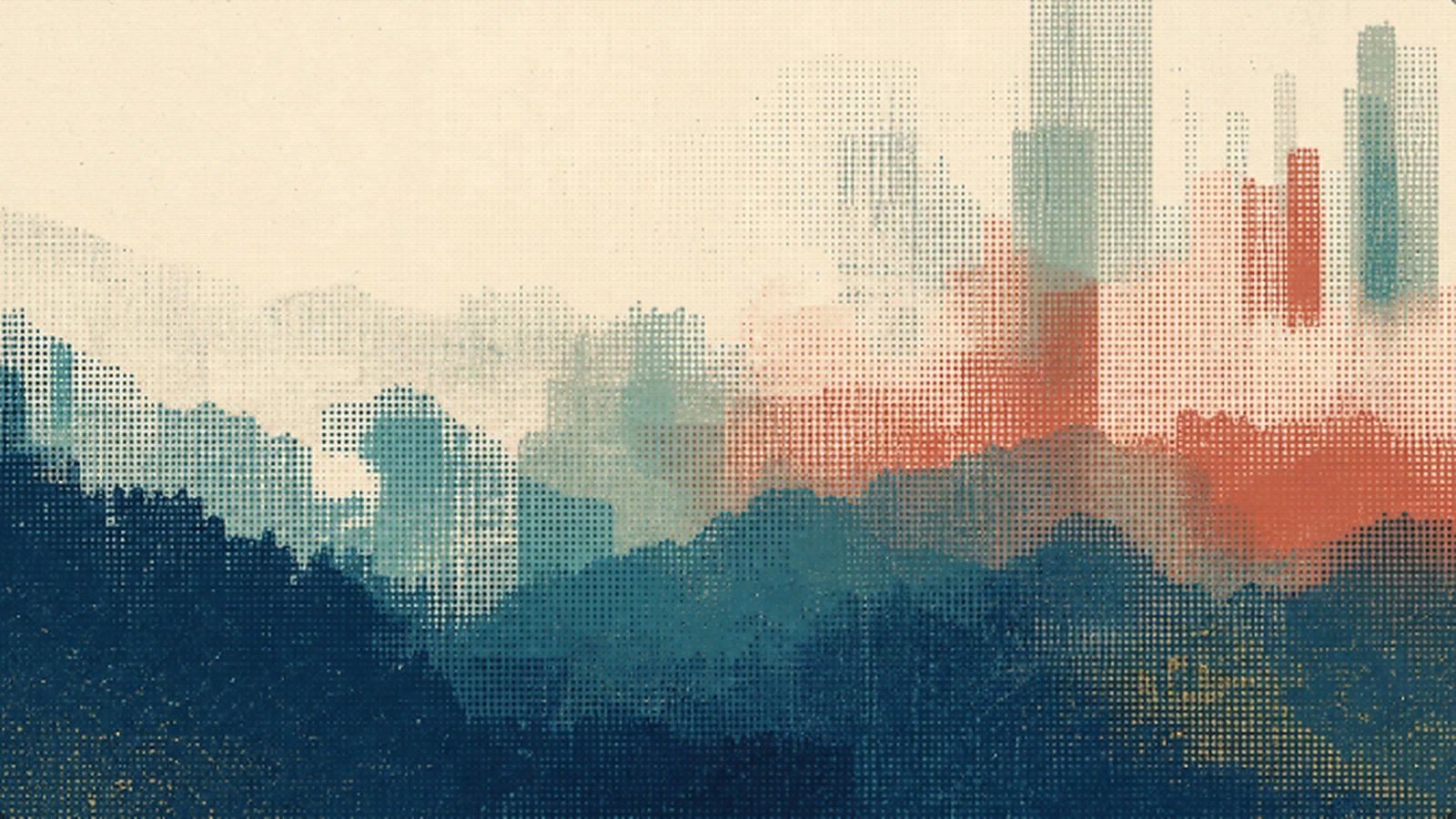 Halftone illustration of a hazy city skyline in muted blues and reds