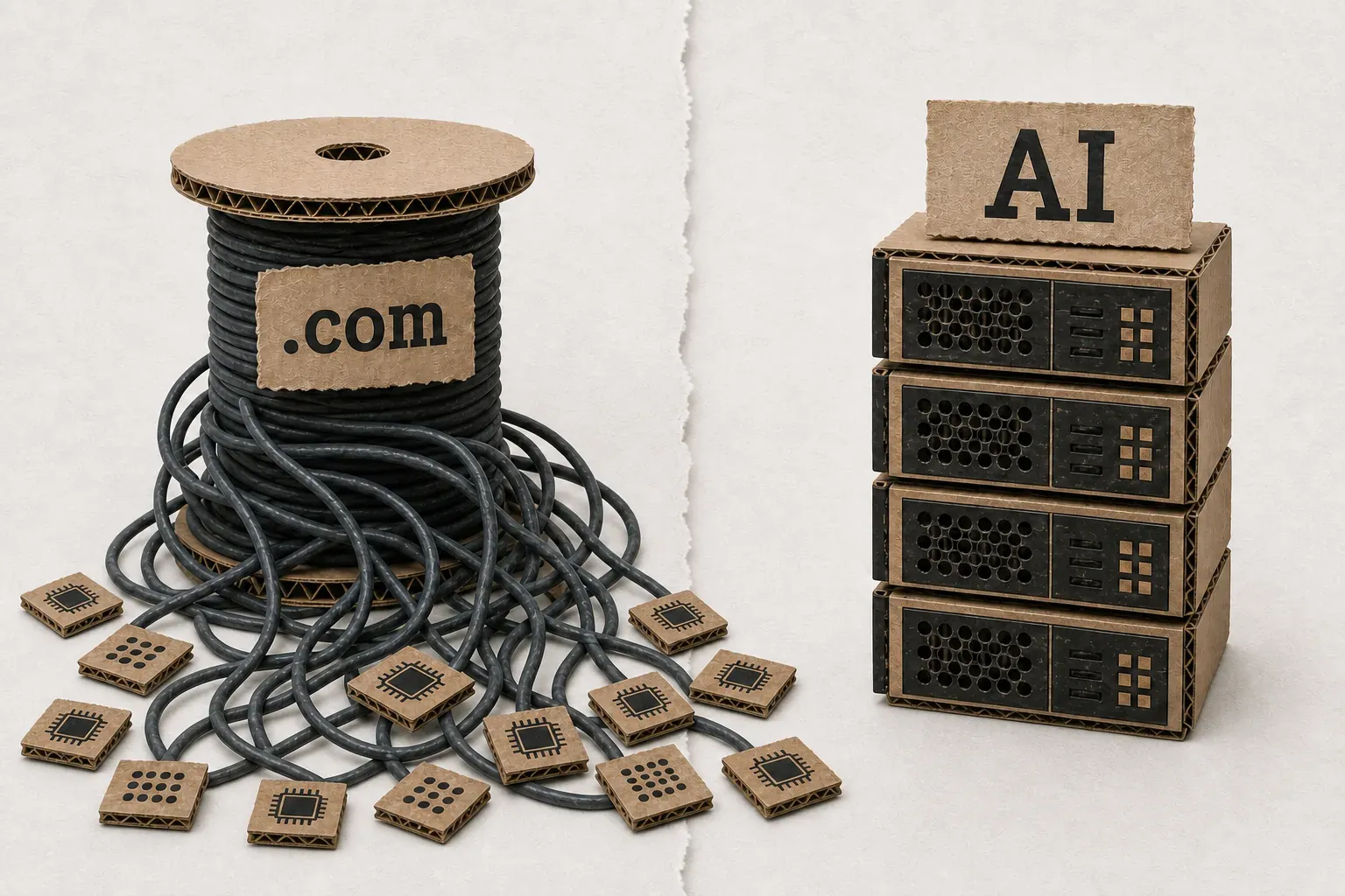 A cardboard-craft still life: on the left, a spool of dark cable labeled '.com' with loose cables and scattered cardboard microchip tiles; on the right, a stack of cardboard server-rack units labeled 'AI' — the dot-com era set beside the AI buildout.