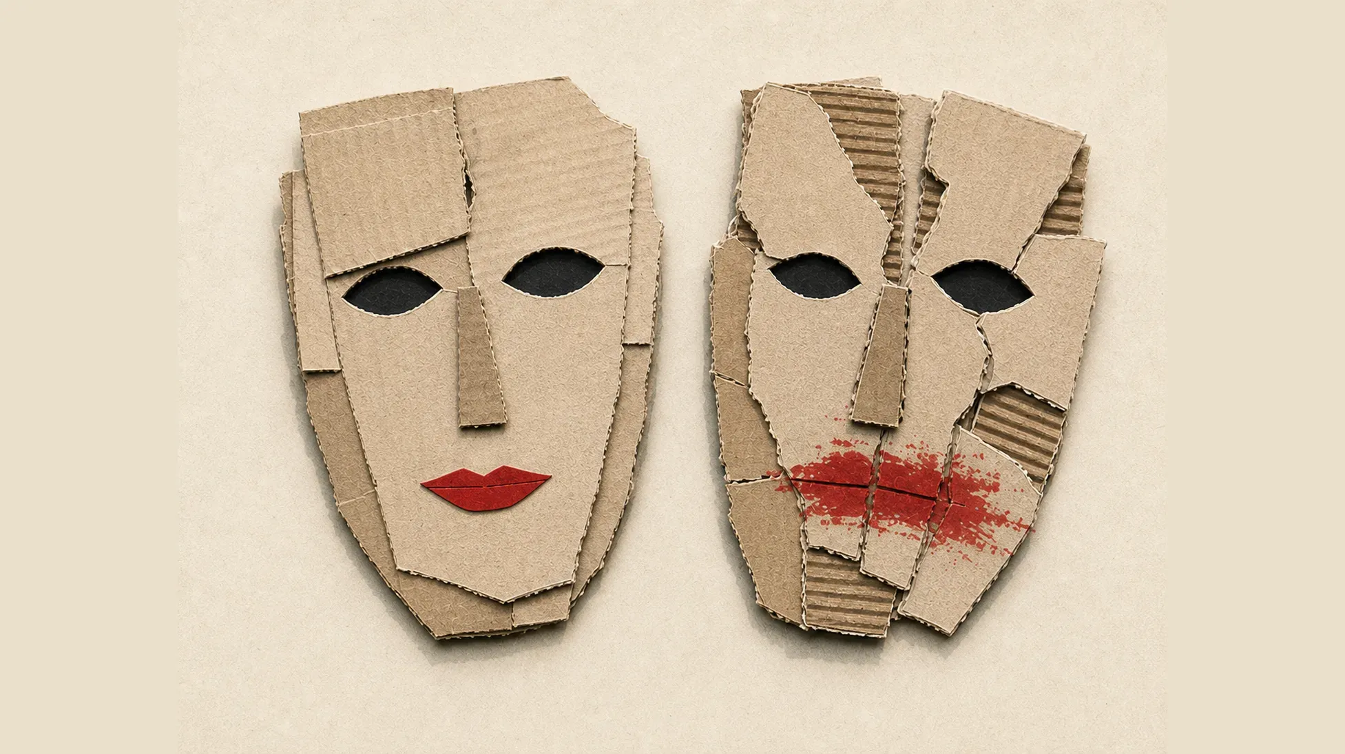 Two cardboard masks on a tan background: a smooth, intact face wearing neat red lipstick beside a cracked, broken face with the same red smeared across its mouth