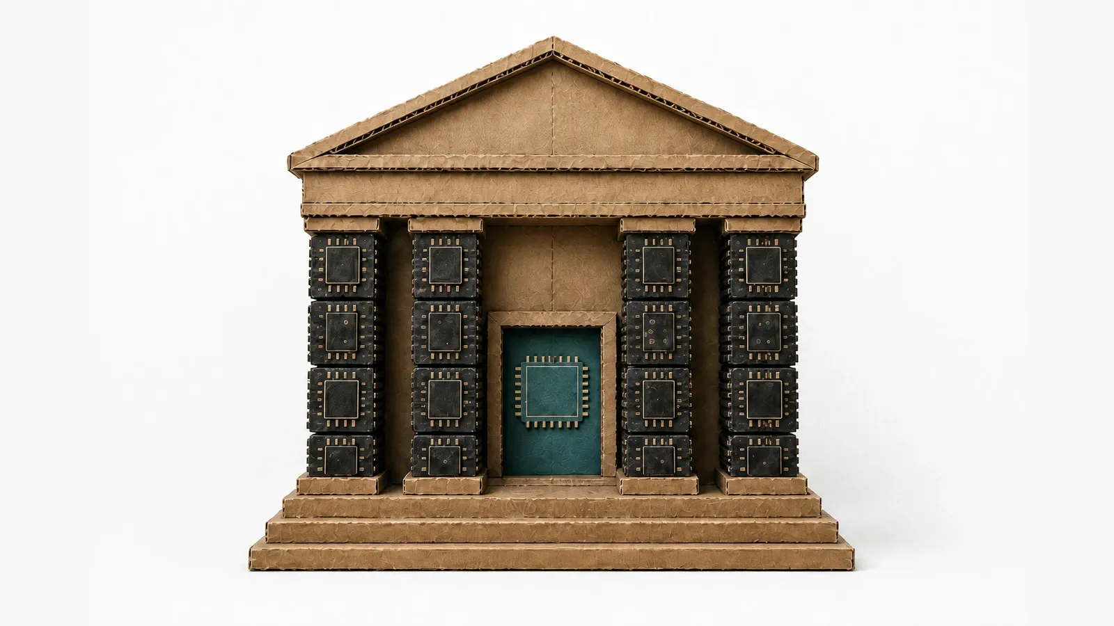 A cardboard-craft still life on white paper: a small classical temple in the style of a central bank, its four columns stacked from black microchips with gold pins, and a single teal chip mounted in the doorway.