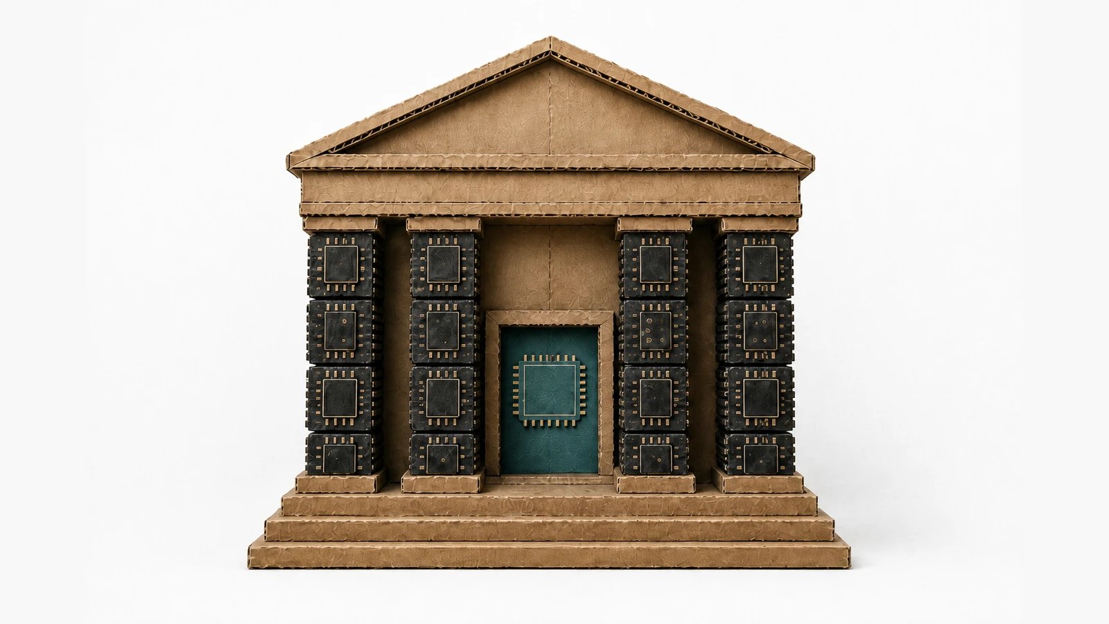 A cardboard-craft still life on white paper: a small classical temple in the style of a central bank, its four columns stacked from black microchips with gold pins, and a single teal chip mounted in the doorway.